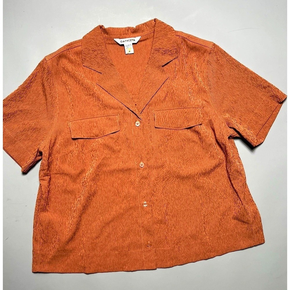 Athleta Women's M Brown Knit Collared‎ Short Sleeve Button-Front Top